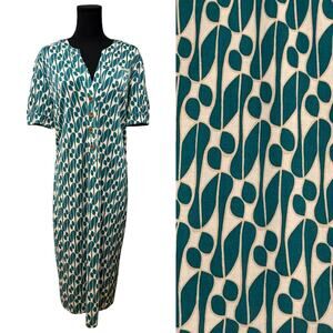 Diane von Furstenberg Silk Dress Mod Geometric Pattern Print Teal Cream Size 12